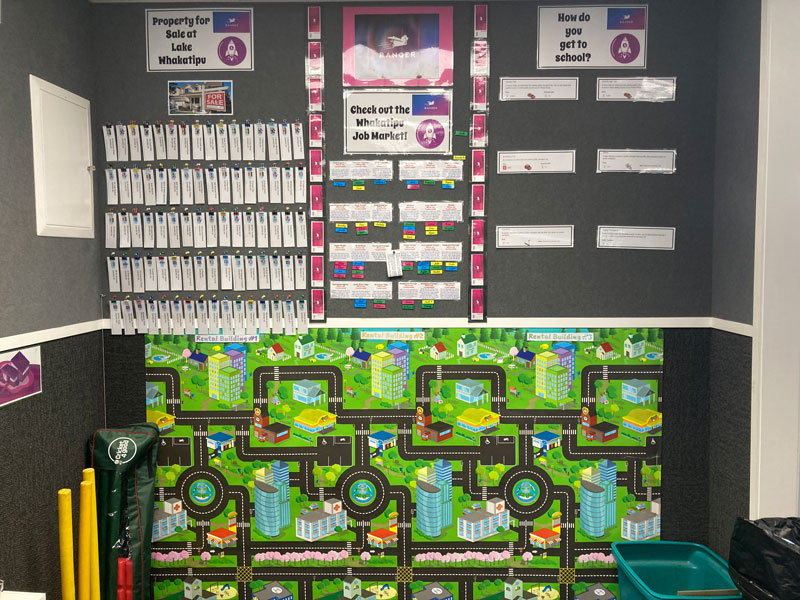Wall of student work and maps