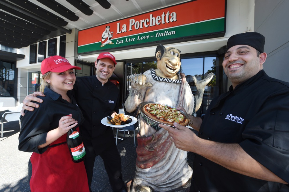 La Porchetta’s Kayli Smith, head chef Mark Spatocco and owner Ayman El-Akour.
Picture: Jon Hewson www.communitypix.com.au d449786