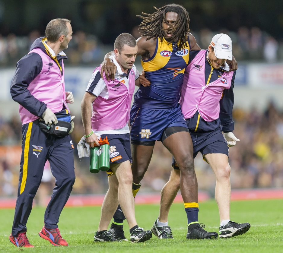 High-flying ruckman Nic Naitanui is unlikely to play for West Coast again this season after injuring his knee against Collingwood on Sunday. Picture: Dan White