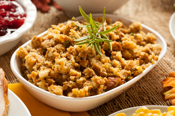 Homemade Thanksgiving Stuffing Made with Bread and Herbs