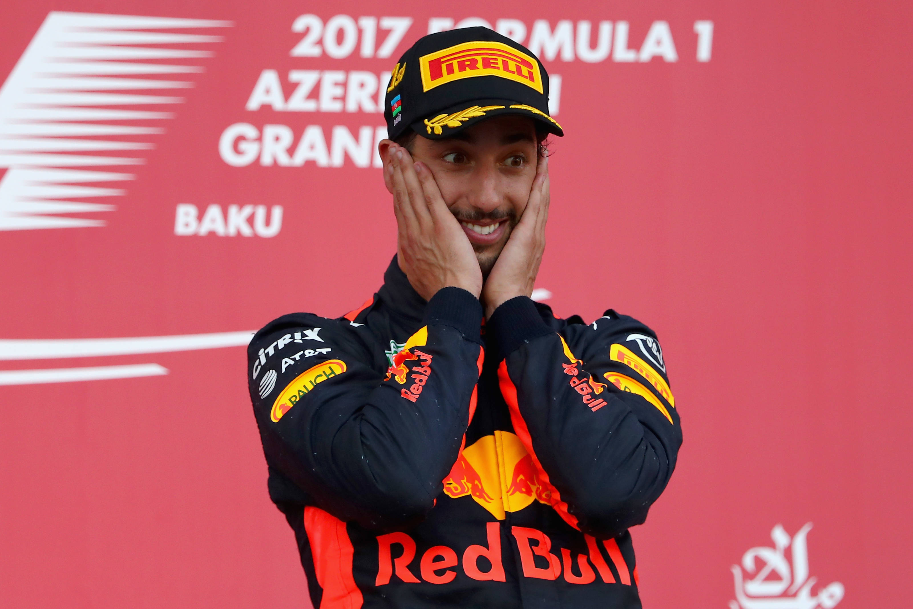Daniel Ricciardo can't believe his luck after winning a chaotic Azerbaijan F1 GP on the streets of Baku. Picture: Getty Images