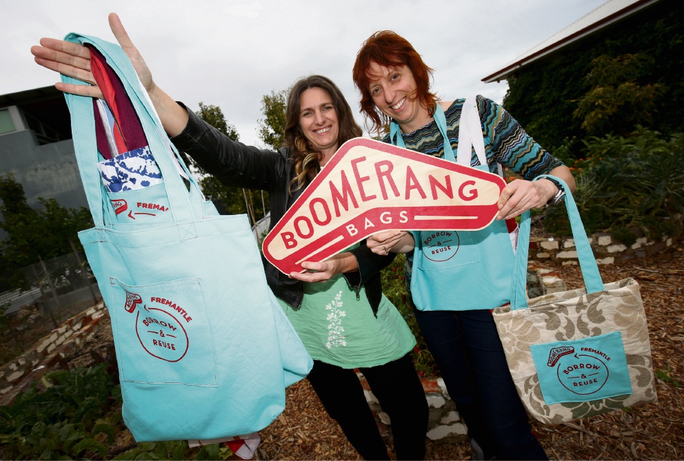 Kylie Wheatley and Shani Graham doing their bit to save the environment with their Boomerang Bags, made out of recycled materials. Picture: Matt Jelonek �������d470822
