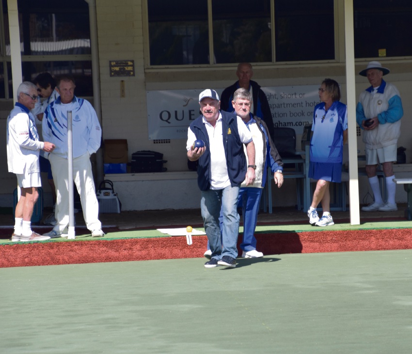 Rockingham Bowling Club president John Lethlean with City of Rockingham Mayor Barry Sammels show off their bowling skills.