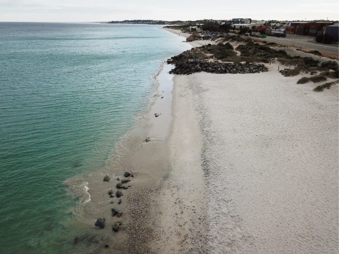 The debris is spreading north from Sandtracks (bottom) to Port (middle) and Leighton (top) beaches, and old sea defence boulders are uncovered in the shallows Picture: Andrew Ritchie