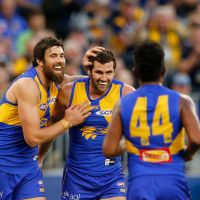 Josh Kennedy congratulates Jack Darling after kicking a goal. Picture: Paul Kane/Getty Images
