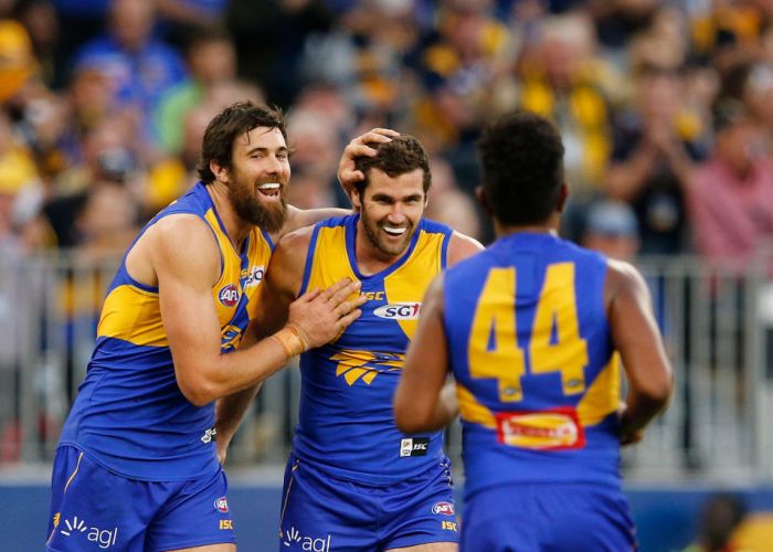 Josh Kennedy congratulates Jack Darling after kicking a goal. Picture: Paul Kane/Getty Images