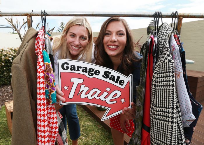 Kate Miles (wardrobe editor and stylist) with Gabby Nuich (long time Garage Sale Trail participant) getting ready for this year's Garage Sale Trail. Picture: Andrew Ritchie.