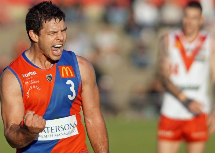 Andrew Strijk celebrates one of his four majors against South Fremantle on Sunday. Picture: Matt Beilken