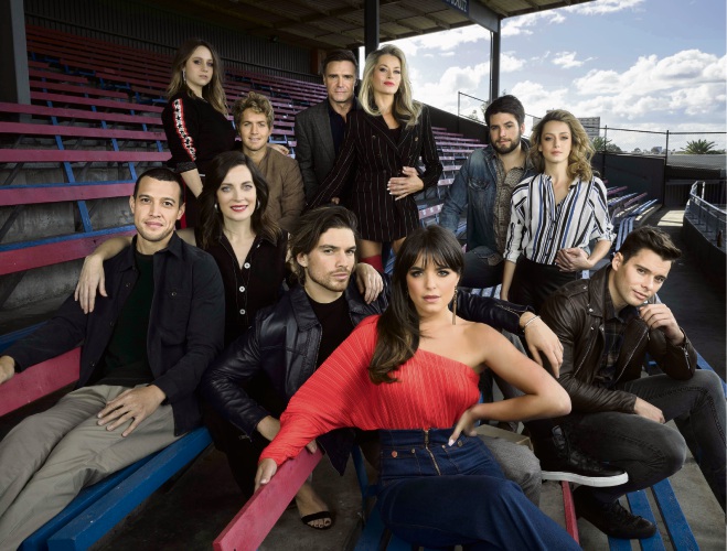 Olympia Valance (front centre) with the cast of <em>Playing For Keeps</em>.