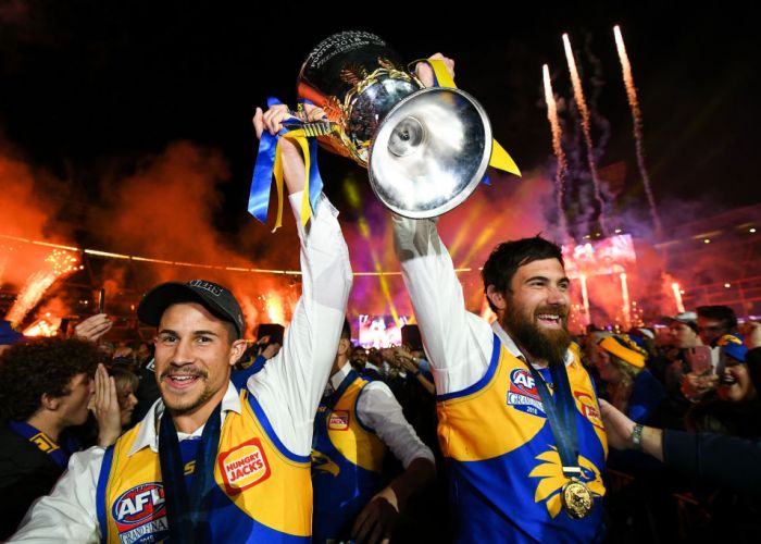 Josh Kennedy (right) and Liam Duggan soak it up. Photo: Getty