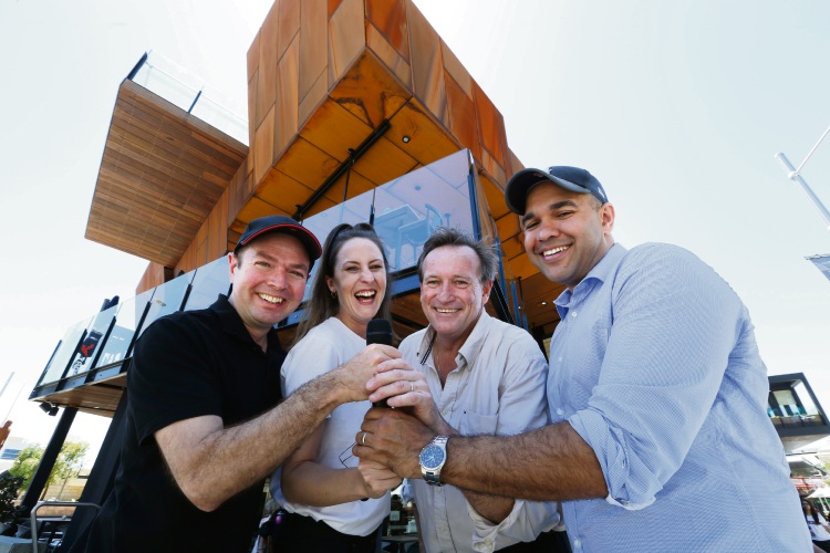 L-R Alex Manfrin (Laugh Resort president), Sian Choyce (comedian), Paul Higgins (The Shoe Bar and Cafe publican) and Craig Quartermaine (comedian). Picture: Andrew Ritchie d488659