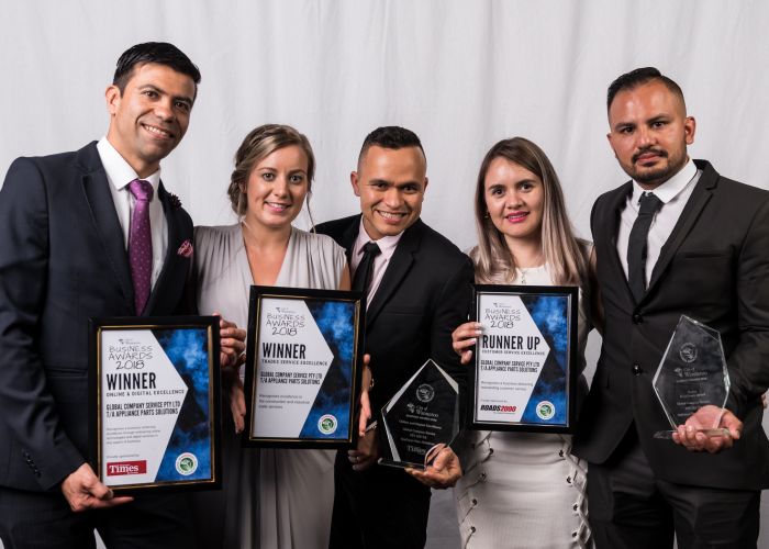 Leonardo Castiblanco with the team at Global Company Services trading as Appliance Parts Solutions and WBA business liaison officer Lauren Bell at the 2018 awards. Picture: Jacek Bak Photography
