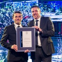 CLS Electrical’s Craig Strauch (left) receives the Domestic Residence title from Energy Super's Steve Scott at this year’s National Electrical and Communications Association’s WA Excellence Awards.