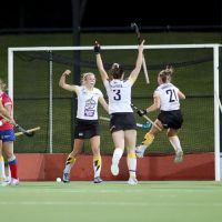 The Thundersticks women celebrate a goal against Adelaide Fire in round 4 action.