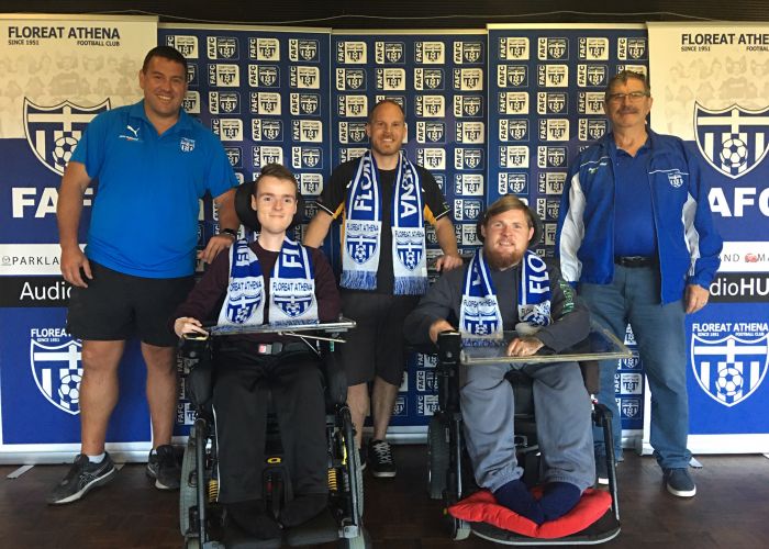Floreat Athena board member Con Poulios, powerchair football players Dylan Needham, Justin Lattaway and Aidan Jones and club board member Sam Albanis.