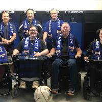 Back Row (Left to Right) – Justin Lattaway (State Team Coach) Oriano Colli (Vice President Bayswater City SC) , Rocco Maio ( Club Operations Manager)
Front Row (Left to Right) – Aiden Jones (Player) , Jakob Rathayeke (Player), Jason Lewis (President Western Australian Powerchair Football Assoc & Player), Dylan Needham (Player)