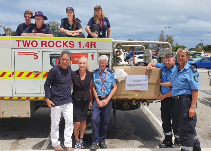 Two Rocks Volunteer Bush Fire Brigade members with Yanchep Beach Joint Venture chief executive Gin Wah Ang and Wanneroo Mayor Tracey Roberts. Pictures supplied