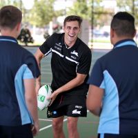 Josh Cook from the South Sydney Rabbitohs working with Year 9 students from Butler College. South Sydney Rabbitohs visits Butler College as part of its trip to Perth for the National Rugby League NRL 9s Competition at HBF Park on February 13 and 14. Pictures: David Baylis www.communitypix.com.au d498003
