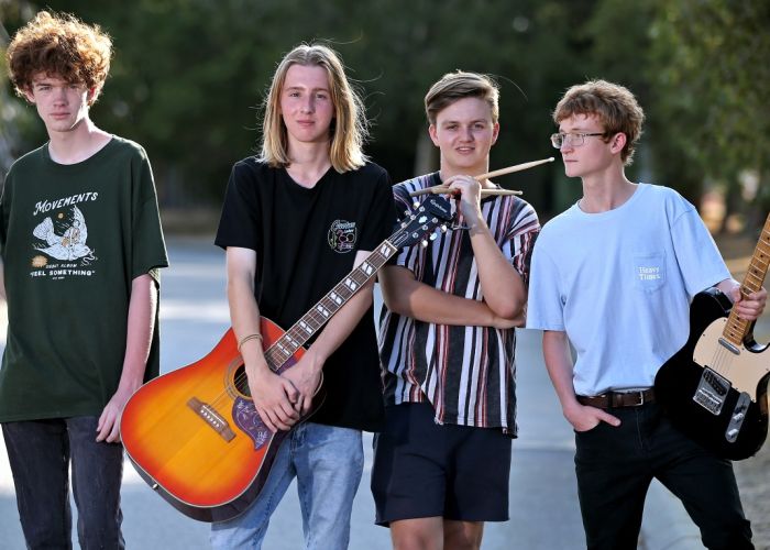 Eleven AM band members Brock Watts (16), of Alkimos, Sean Bell (16), of Tapping, Harry Chamberlain (17), of Tapping, and Oliver Jones (16), of Tapping. Picture: David Baylis www.communitypix.com.au d498036
