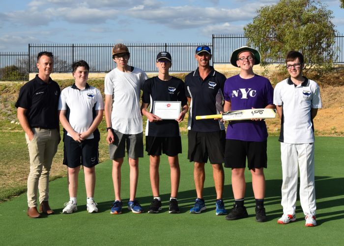 Autism Association of WA’s Scott Henry with Quinns Rocks Junior Cricket Club members Noah McCombie, Jaycob Walker, Jordan Foot, Toby Morrell, Joshua Kancilija and Darren Coyle.