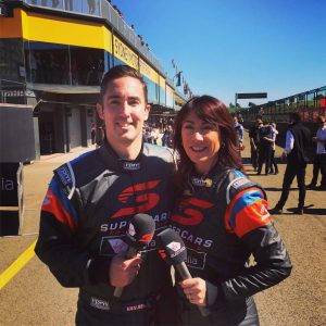 Kylie King pit reporting alongside Cameron van den Dungen for Fox Sports coverage of the Australian GT Championship