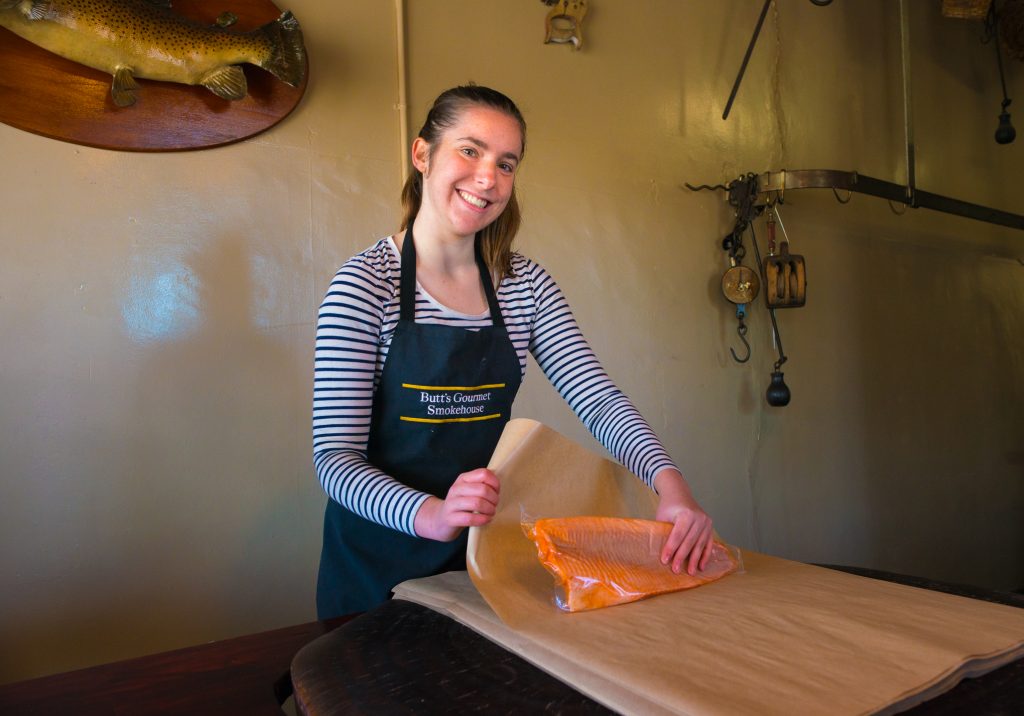 Lucy Nagle wraps some famous Butt's smoked trout.
