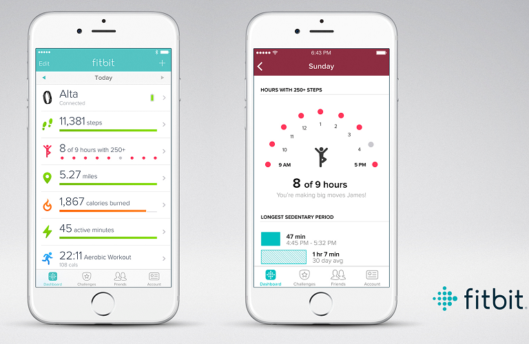 Two Fitbit app screens shown on separate iPhones.