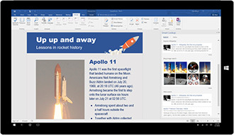 Office 365 on a tablet showing an open document in Word.