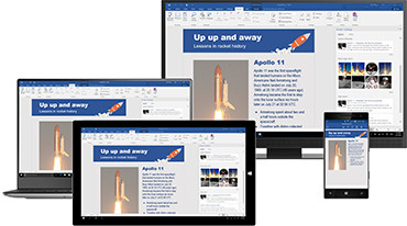 A range of devices showing an open document in Office 365 Word on each.