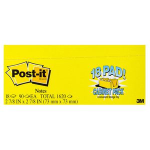 Post-it Notes 76 x 76mm Cabinet Pack Yellow 18 Pack