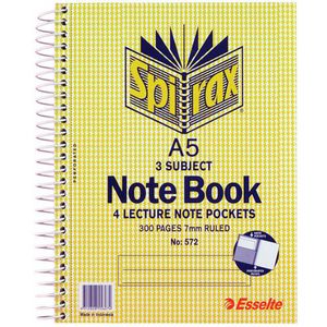 Spirax No. 572 A5 3 Subject Notebook 210 x 148mm 300 Page