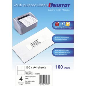 Unistat Printable Labels 100 Sheets 4 Per Page