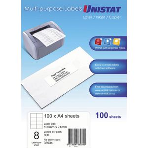 Unistat Printable Labels 100 Sheets 8 Per Page