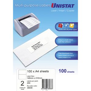 Unistat Printable Labels 100 Sheets 2 Per Page
