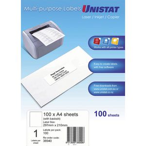Unistat Printable Labels 100 Sheets 1 Per Page