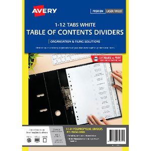 Avery Polypropylene A4 Printed Tabs Dividers 1 -12 White
