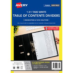 Avery Polypropylene A4 Printed Tabs Dividers 1 -31 White