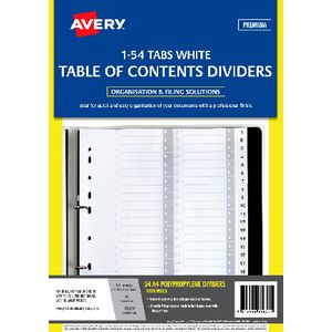 Avery Polypropylene A4 Printed Tabs Dividers 1 -54 White