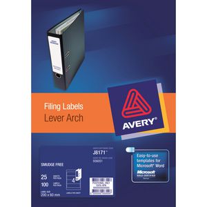 Avery Inkjet Lever Arch Labels White 25 Sheets 4 Per Page
