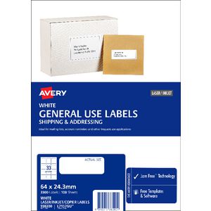 Avery General Use Labels White 33 UP 100 Sheet
