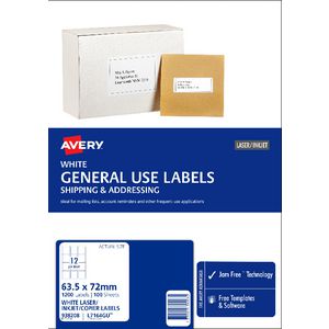 Avery General Use Labels White 12 UP 100 Sheet