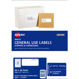 Avery General Use Labels White 30 UP 100 Sheet
