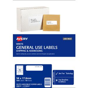 Avery General Use Labels White 45 UP 100 Sheet
