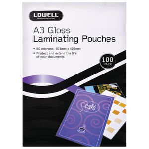 Lowell A3 Laminating Pouches 80 Micron 100 Pack Gloss