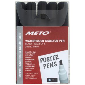 Meto Waterproof Sign Writing Pens 2/5mm Tips Black 5 Pack