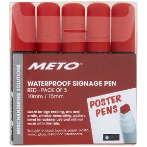 Meto Waterproof Sign Writing Pens 10/15mm Tips Red 5 Pack