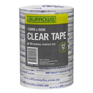 J.Burrows 12mm x 66m Clear Adhesive Tape 12 Rolls