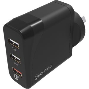 Comsol 3 Port USB Wall Charger with QC3.0 30W Black