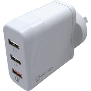 Comsol 3 Port USB Wall Charger QC3.0 30W White