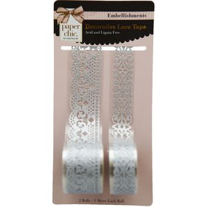 Paper Chic Decorative Glitter Lace Tape Silver 2 Pack